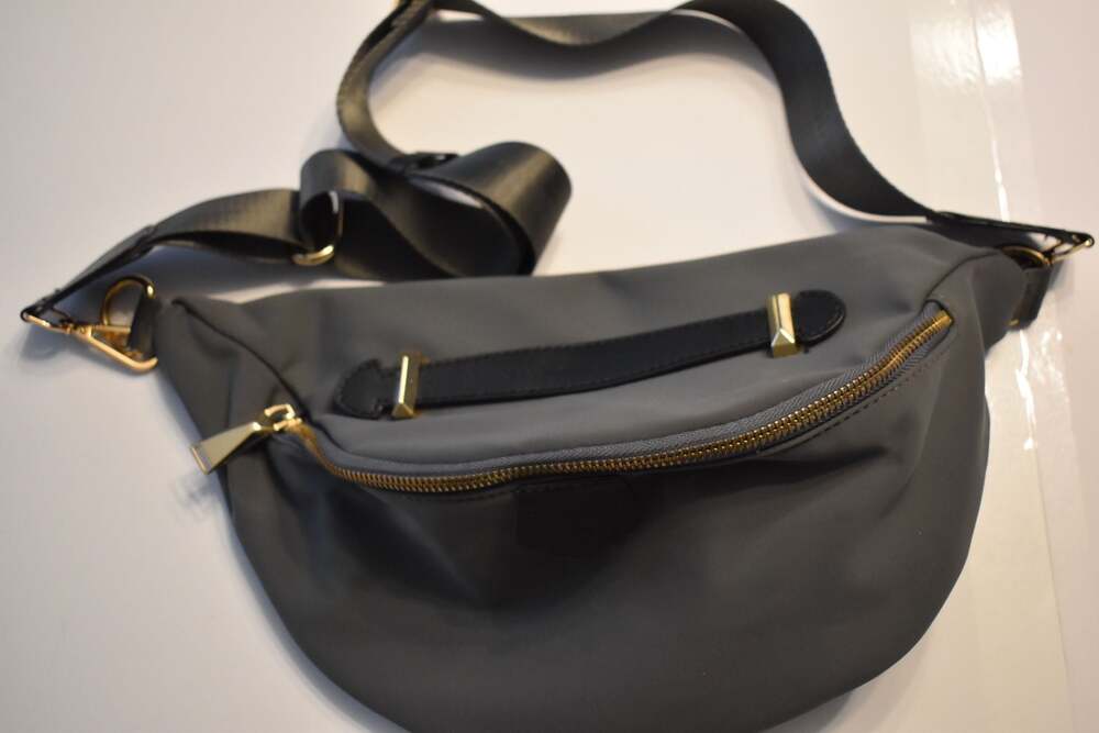 Gia Double Zip Nylon Crescent Sling Body Bag in Dark Grey